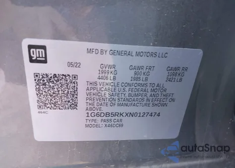 2022 Cadillac Ct4 Premium Luxury z USA, uszkodzony, nr VIN 1G6DB5RKXN0127474